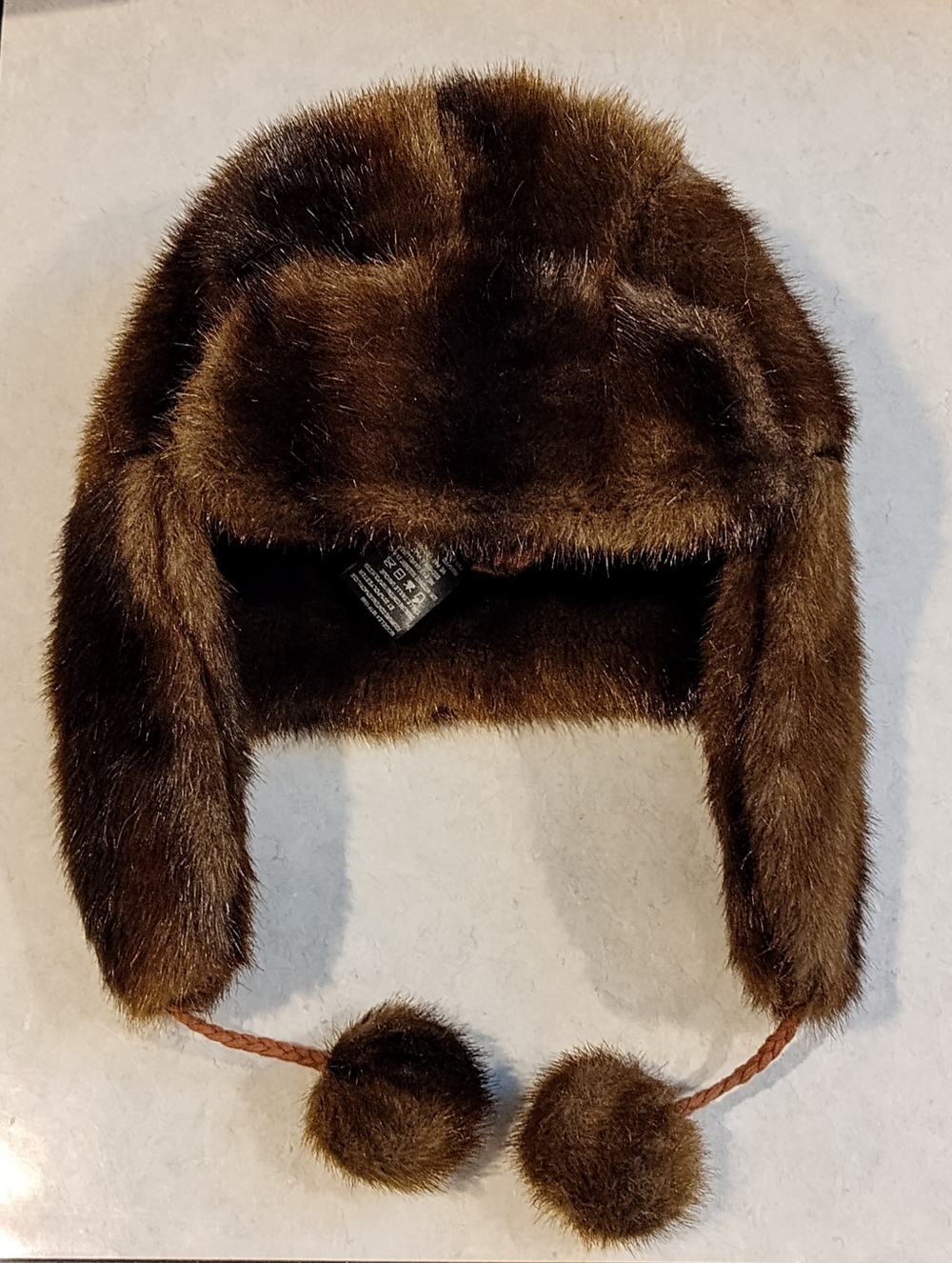 D&Y USHANK PLUSH FAUX MINK FUR TRAPPER HAT WITH EARFLAPS & BRAIDED TIES WITH POM